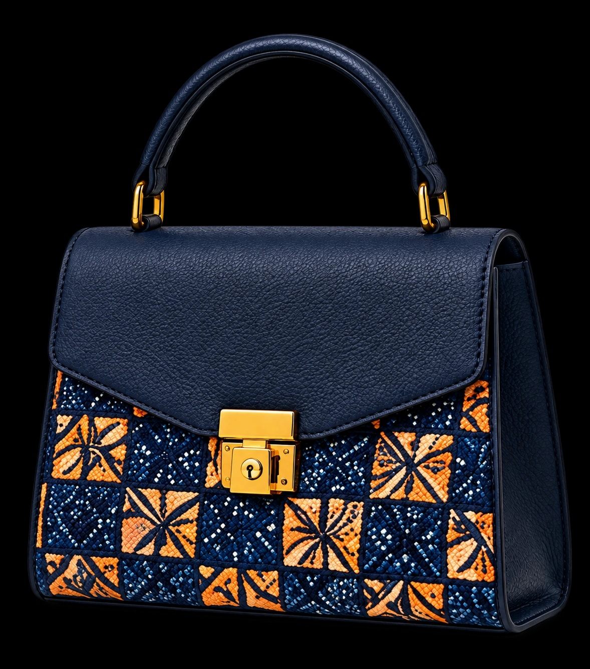 Sac à main bleu marine et tissu wax orange